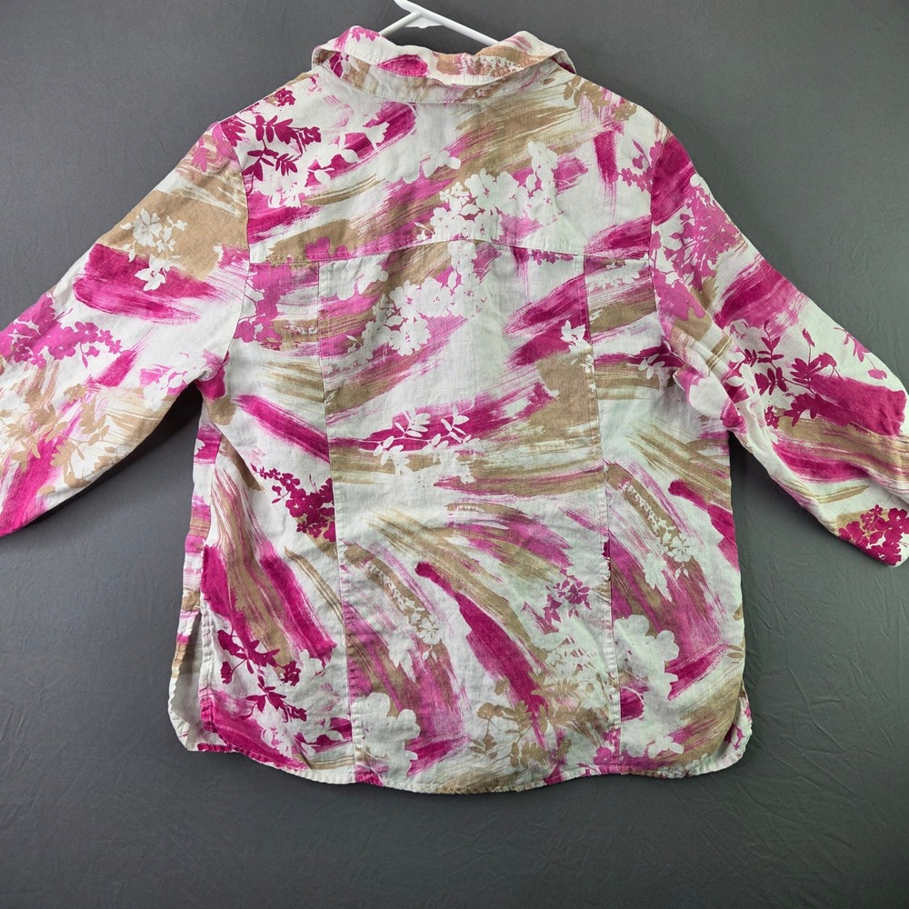 JM Collection Button Down Shirt Womens 16W Pink Tan Floral 100% Linen 3/4 Sleeve - Picture 8 of 8